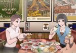  bad_id black_hair blue_eyes brown_hair cup dog eating food green_eyes hat jewelry movie_poster multiple_girls necklace original party_hat pizza poster_(object) restaurant ring short_hair tongue watch wine wine_glass wristwatch yuuki_rika 