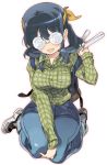  black_hair bow collarbone curvy glasses green_hair hair_bow highres jeans kneeling long_hair makishima_saori midori_kouichi ore_no_imouto_ga_konna_ni_kawaii_wake_ga_nai otaku plaid shoes smile sneakers solo tartan 