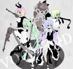  bad_id belt beretta_92 dress ff_gradient gradient_hair gumi gun handgun hatsune_miku hirasaka_(okome13) kagamine_rin long_hair megurine_luka midriff monochrome mp40 multicolored_hair multiple_girls pistol ponytail short_hair submachine_gun sword very_long_hair vocaloid weapon 