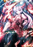  bad_id bamboo bamboo_forest fire foreshortening forest fujiwara_no_mokou koohee mouth_hold nature shoes shorts sibanoue sitting solo touhou 