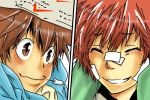 :3 bandages brown_eyes brown_hair closed_eyes katekyo_hitman_reborn kozato_enma manga paper redhead sawada_tsunayoshi smile 