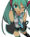  blush detached_sleeves green_eyes green_hair hatsune_miku headset long_hair meno necktie simple_background skirt solo thigh-highs thighhighs twintails very_long_hair vocaloid wink 