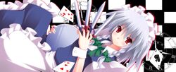  braid card checkered checkered_background clock floating_card izayoi_sakuya knife kurono_yuzuko maid maid_headdress playing_card red_eyes short_hair silver_hair solo touhou tray twin_braids 