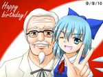  birthday blue_eyes blue_hair cirno colonel_sanders formal glasses hair_ribbon hand_sign ki-51 male mustache open_mouth ribbon short_hair string_tie touhou white_hair wings wink 