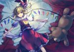  ascot bed_sheet blonde_hair flandre_scarlet kiyu lying no_hat no_headwear on_back outstretched_arms ponytail red_eyes short_hair side_ponytail smile solo spread_arms stuffed_animal stuffed_toy teddy_bear touhou wings 
