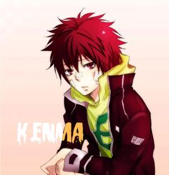  band_aid hoodie jacket katekyo_hitman_reborn kozato_enma red_eyes redhead text 