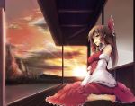  bare_shoulders barefoot bow brown_hair cloud clouds detached_sleeves dot_r hair_bow hakurei_reimu lips long_hair nature red_eyes scenery seiza sitting solo sunset touhou tree wariza 