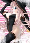  blue_eyes breasts cleavage elbow_gloves gloves hat leotard long_hair megurine_luka natsu_(piapro) nattsu pantyhose pink_hair smile solo thighhighs vocaloid witch_hat 