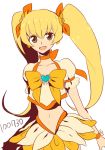  blonde_hair cure_sunshine dated dress hair_ribbon harano heart heartcatch_precure! long_hair magical_girl midriff myoudouin_itsuki navel precure ribbon skirt solo twintails white_background yellow yellow_dress yellow_eyes 