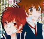   band_aids brown_eyes brown_hair frown katekyo_hitman_reborn kozato_enma red_eyes redhead sawada_tsunayoshi school_uniform smile sweater necktie  