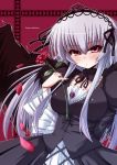  blush breasts choker cleavage doll_joints dress flower gothic_lolita hairband large_breasts lolita_fashion long_hair petals purple_rose red_eyes red_rose ribbon rose rozen_maiden shinshin silver_hair solo suigintou wings 