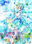  blue_hair bow cirno dress flower hair_bow ice icicle necktie shiratsuyu shoes short_hair socks touhou traditional_media watercolor_(medium) wings 