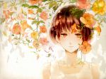  brown_eyes brown_hair flower minatono_youko pale_color shade short_hair solo sunlight 