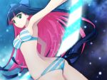  ass bangs blue_hair blunt_bangs bow bra breasts cleavage green_eyes hair_bow hattori_(junoct2000) hattori_(pixiv) katana lingerie long_hair looking_back multicolored_hair panties panty_&amp;_stocking_with_garterbelt pink_hair solo stocking_(character) stocking_(psg) striped striped_panties sword underwear weapon 