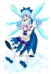  2girls 63o adult blue_eyes blue_hair bow cirno dress hair_bow hat lavender_hair letty_whiterock long_hair multiple_girls role_reversal short_hair touhou wings young 