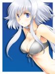  1girl blue_eyes breasts bust cleavage earrings front-tie_top jewelry lavolpe_(yagisaka_seto) long_hair midriff navel original payot ponytail silver_hair solo swimsuit yagisaka_seto 