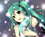  ate detached_sleeves green_eyes green_hair hatsune_miku headset necktie scarf smile snow striped striped_scarf twintails vocaloid 