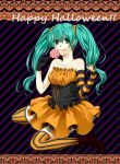  bare_shoulders boots candy corset dress earrings elbow_gloves fingerless_gloves gloves green_eyes green_hair halloween hatsune_miku jewelry lollipop long_hair orange_dress orange_legwear sitting solo strapless_dress striped striped_gloves striped_legwear striped_thighhighs swirl_lollipop thigh-highs thighhighs tongue twintails vertical-striped_legwear vertical_stripes vocaloid wariza 