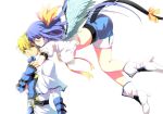  1girl asymmetrical_wings blue_hair blush breasts couple dizzy flying guilty_gear hug ky_kiske midriff ookami_ryousuke ponytail ribbon sakimi_tama tail tail_ribbon under_boob underboob wings 