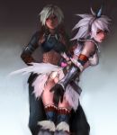  armor ass capcom covering covering_ass elbow_gloves embarrassed fishnets gloves grey_hair hairband halter_top halterneck hand_on_hip horn kirin_(armor) looking_back monster_hunter multiple_girls nargacuga nargacuga_(armor) open_mouth panties pantyshot red_eyes silver_hair thighhighs underwear white_hair woodenmanatees 
