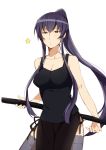  black_eyes blush breasts busujima_saeko cleavage highschool_of_the_dead long_hair mosuko ponytail purple_hair side_slit simple_background skirt solo star tank_top thigh-highs very_long_hair weapon 