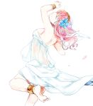  1girl absurdres anklet armpits back barefoot bracelet breasts closed_eyes comaco dancing dress feet flower hair_flower hair_ornament harem_outfit highres jewelry magi_the_labyrinth_of_magic morgiana redhead see-through sideboob simple_background soles toe_scrunch veil 