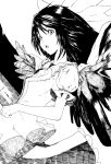  feathers hands monochrome open_mouth reiuji_utsuho sabiirodoramu solo surprised touhou traditional_media wind wings 