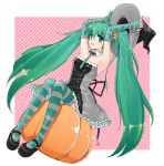  dress elbow_gloves eloosia fingerless_gloves gloves green_eyes green_hair halloween hat hatsune_miku highres lipstick long_hair mary_janes necktie pumpkin shoes sitting striped striped_gloves striped_legwear striped_thighhighs thigh-highs thighhighs twintails very_long_hair vocaloid witch_hat 