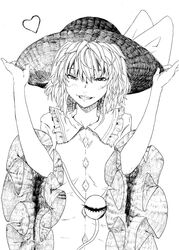  grin hand_on_hat hat hat_tip heart komeiji_koishi monochrome sabiirodoramu short_hair smile solo touhou traditional_media wide_sleeves 