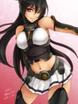  1girl 2015 artist_name black_hair black_legwear breasts contrapposto cowboy_shot dated garter_straps gradient gradient_background headgear kantai_collection kuzutetsu_no_nue large_breasts long_hair looking_at_viewer microskirt midriff nagato_(kantai_collection) navel outstretched_arm pink_background pleated_skirt red_eyes signature skirt sleeveless solo thigh-highs very_long_hair 
