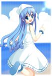  blue_hair dress hat highres ikamusume long_hair looking_back shinryaku!_ikamusume sogaya solo tentacle_hair 