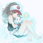  1girl bare_shoulders baseball_cap blue_eyes brown_hair chiko_(d04099) denim denim_shorts hat high_ponytail hug long_hair open_mouth oshawott pokemon pokemon_(creature) pokemon_(game) pokemon_black_and_white pokemon_bw ponytail shell shorts smile touko_(pokemon) vest water wristband 