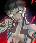  black_hair blood crazy_eyes fangs highres hitoshura open_mouth shin_megami_tensei shin_megami_tensei_iii:_nocturne shirtless smirk tattoo yellow_eyes 