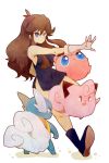  1girl antenna_hair black_dress blue_(pokemon) blue_eyes boots brown_hair clefairy dress fang fangs gloves jigglypuff long_hair open_mouth pokemon pokemon_(creature) pokemon_special red_eyes rojiuranoneko shoes simple_background smile solo wartortle white_background 