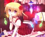  blonde_hair chandelier cup flandre_scarlet haiiro_(immature) pointy_ears ponytail purple_eyes red_eyes short_hair side_ponytail solo teacup teapot touhou wings wrist_cuffs 