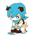  8&#039;108 8'108 animal_ears blue_eyes blue_hair blush chibi dog_ears dog_tail food ice_cream kaito kemonomimi_mode lowres male saliva scarf short_hair simple_background sitting solo tail tail_wagging vocaloid 
