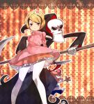  1boy 1girl baseball_cap big_nose billy blonde_hair brown_eyes death_(entity) dress frills hairband hat hood knife mandy naso4 pantyhose scythe short_hair striped teenage the_grim_adventures_of_billy_&amp;_mandy white_legwear 