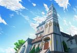  balcony church clock clock_tower cloud cross door gahakuna_kuroneko no_humans original perspective sky stairs tower tree 