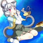  basket capelet cheese cheesecake grey_hair mouse mouse_ears mouse_tail nanatsuhane nazrin red_eyes short_hair sitting solo tail touhou wariza 