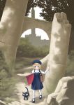  bag blonde_hair blue_eyes blush cat dress forest hat mary_janes nature nokia_(harusion) original pantyhose pillar ruins shoes sketchbook smile solo tower white_legwear 