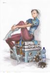  absurdres artbook boots bun_cover capcom china_dress chinese_clothes chun-li concept_art earrings hair_bun highres jewelry laces legs nishimura_kinu official_art pantyhose scan sitting solo street_fighter street_fighter_iv suitcase 