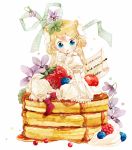  blue_eyes blueberry bow cherry dress flower food fruit highres in_food machiba_riku minigirl original pancake raspberry sitting solo strawberry syrup 