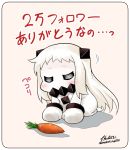  1girl bowing carrot closed_eyes comic commentary_request covered_mouth dress horns kantai_collection long_hair mittens northern_ocean_hime pale_skin seiza shinkaisei-kan signature sitting solo translated twitter_username white_dress white_hair yamato_nadeshiko 