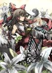 ascot bow brown_hair butterfly detached_sleeves flower hair_bow hakurei_reimu highres long_hair solo touhou utarion yellow_eyes 