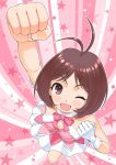 arm_up blush breasts cleavage clenched_hands cute_&amp;_girly_(idolmaster) foreshortening from_above gloves hidaka_ai idolmaster idolmaster_dearly_stars nokia_(harusion) open_mouth parody pose raised_fist smile ultraman wink 