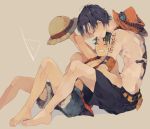  barefoot belt black_hair brothers brown_background closed_eyes collar denim denim_shorts feet friends green_hair hat male monkey_d_luffy multiple_boys one_piece portgas_d_ace ren_(zero_second) scar shirtless shorts siblings sleeveless_shirt smile straw_hat 
