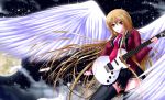   black_thighhighs blonde_hair breasts brown_eyes clouds electric_guitar feathers full_moon guitar instrument large_breasts long_hair moon necktie nohoho_(kakikonchi) original pleated_skirt skirt solo star thigh-highs very_long_hair wings zettai_ryouiki  