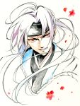  hakuouki_shinsengumi_kitan headband hijikata_toshizou_(hakuouki) hijitaka_toshizou japanese_clothes male ponytail red_eyes smile white_hair 