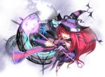  book dragon_nest elbow_gloves gloves hat long_hair magic_circle navel purple_eyes red_hair redhead sorceress_(dragon_nest) staff violet_eyes witch_hat 
