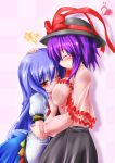  blush breast_smother breasts capelet closed_eyes frills hand_on_head hat hat_ribbon head_hold heart hinanawi_tenshi hug lilyl0ve long_hair nagae_iku no_hat no_headwear purple_hair red_eyes ribbon short_hair smile star touhou yuri 